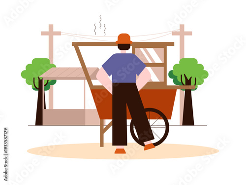 A street food vendor, likely selling meatballs, is using a traditional wooden cart. Indonesian market illustrations. Flat vector concept.