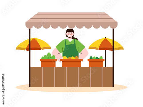 A woman sells vegetables at the market. Indonesian market illustrations. Flat vector concept.