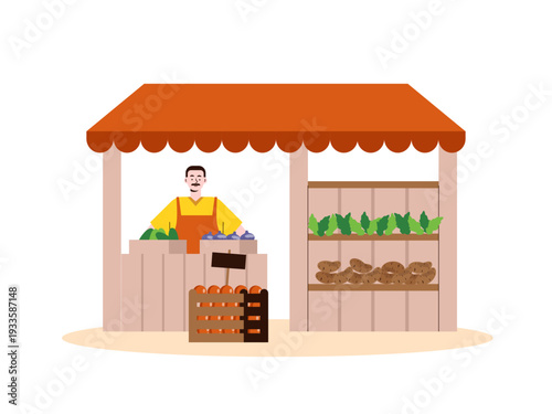 A man sells fresh produce at a farmers market stall. Indonesian market illustrations. Flat vector concept.