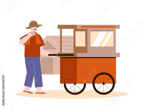 A street vendor selling traditional Indonesian food like siomay or noodle soup from a cart. Indonesian market illustrations. Flat vector concept.