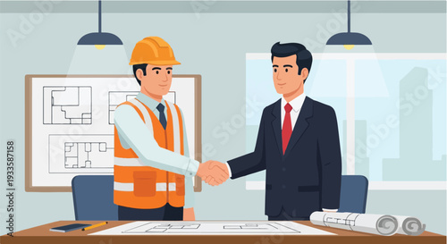 Professional construction engineer and astute businessman solidify a collaborative agreement with a firm handshake, symbolizing successful partnership in urban development