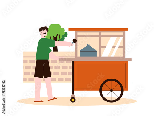 A man operates a traditional wooden cart with a glass display case, possibly selling meatballs or chicken noodles. Indonesian market illustrations. Flat vector concept.