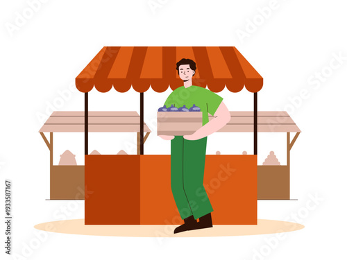 A male vendor holding a crate of produce at a local market. Indonesian market illustrations. Flat vector concept.