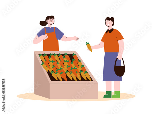 A female trader sells vegetables in the form of carrots. Indonesian market illustrations. Flat vector concept.