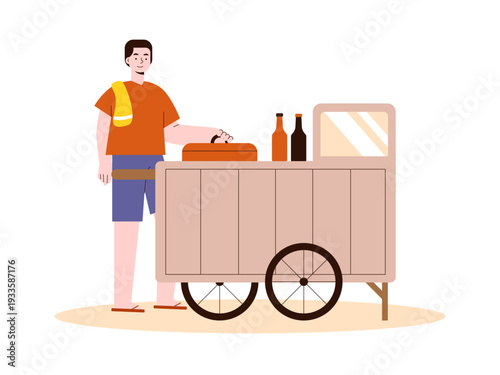 A male trader sells meatball cilok food. Indonesian market illustrations. Flat vector concept.