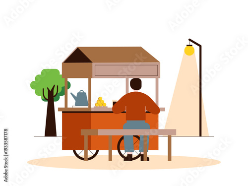 An Indonesian street food vendor, commonly known as angkringan. Indonesian market illustrations. Flat vector concept.