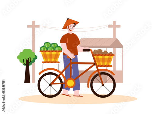 A man selling fresh vegetables from a bicycle, a common scene in many Asian countries. Indonesian market illustrations. Flat vector concept.
