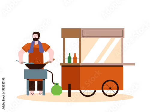 A street vendor who sells beside a cart, often used to sell popular dishes such as fried rice. Indonesian market illustrations. Flat vector concept.