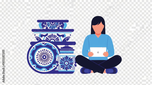 Woman Sitting with Tablet and Decorative Vase.