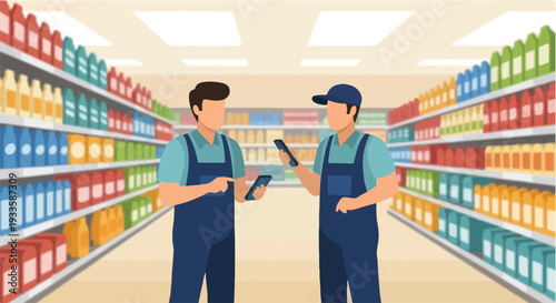 Retail workers in a grocery store aisle meticulously managing inventory, using digital tools for accurate stock control and efficient supermarket operations