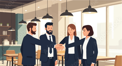 Dynamic business professionals seal a successful partnership agreement with a firm handshake in a modern corporate meeting space, symbolizing collaboration, trust, and future growth