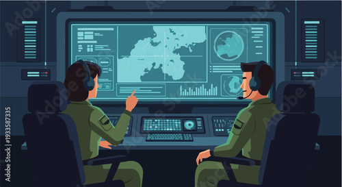 Dedicated operators in a high-tech control room conducting strategic operations, analyzing critical data and maps on multiple advanced screens for real-time monitoring and decision-making
