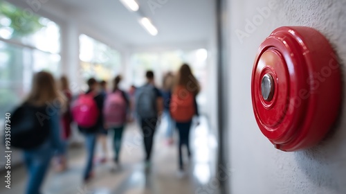 Close up of a red fire alarm button in a blurred school hallway with students in the background