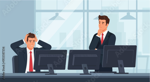 Two businessmen in suits sitting at a desk with computers looking stressed and concerned in a modern office environment, representing business challenges and workplace pressure