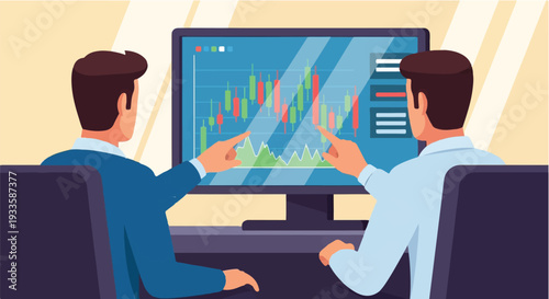 Two financial professionals collaboratively analyzing stock market data and investment charts on a computer screen, discussing strategies for successful business growth and future planning