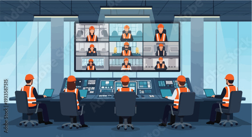 Control room personnel conducting a video conference to manage remote industrial operations, showcasing digital teamwork and technological oversight in real-time