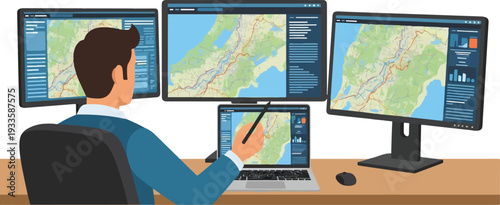 Man working with a multi-monitor setup displaying maps and data, analyzing information on screens