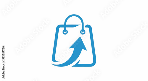 Simple blue shopping bag icon with upward arrow indicating purchase or sale.
