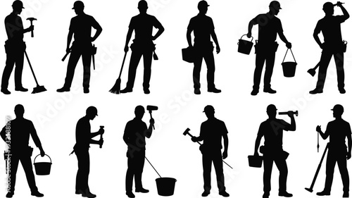 Construction and maintenance worker silhouettes set, handyman with hammer rake bucket and toolbox isolated on white background flat vector illustration collection