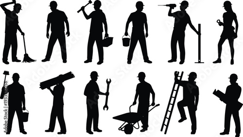 Construction and maintenance worker silhouettes set, laborers with drill ladder wheelbarrow wrench and tools isolated on white background flat vector illustration collection