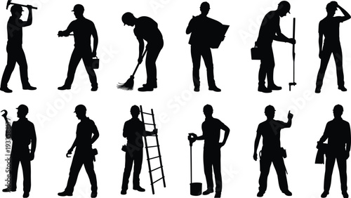 Construction and repair worker silhouettes collection, handyman with hammer broom ladder bucket and toolbox isolated on white background flat vector illustration set