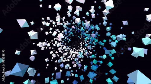 Seamless 4K procedural VJ loop of an iridescent floating polyhedron tunnel descending infinitely along the Z-axis. Perfect for Resolume, EDM stage visuals, projection mapping, and tech backgrounds.