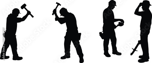 Construction worker silhouettes collection, carpenter with hammer and toolbox in various working poses isolated on white background flat vector illustration set