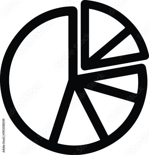 Simple black and white outline of a pie chart divided into unequal sections, representing data analysis and statistics