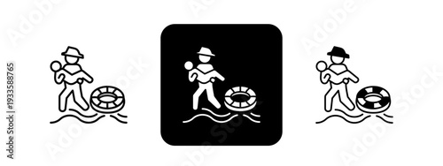 Rescue Operation  Solid color and black line drawing vector illustration set