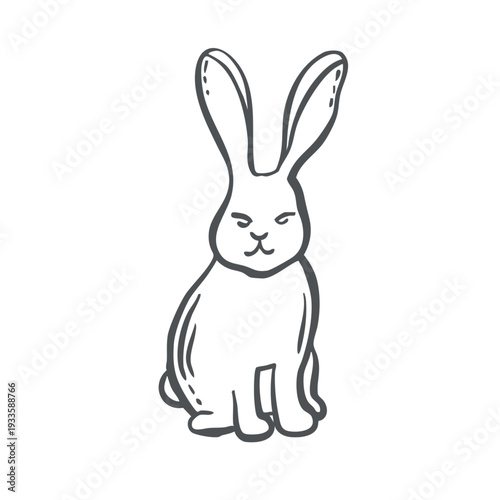 Rabbit sketch vector graphic illustration for design of farming and zoological themes. Whimsical hand drawn isolated Easter bunny. Black and white hare line art for organic products packaging, card.