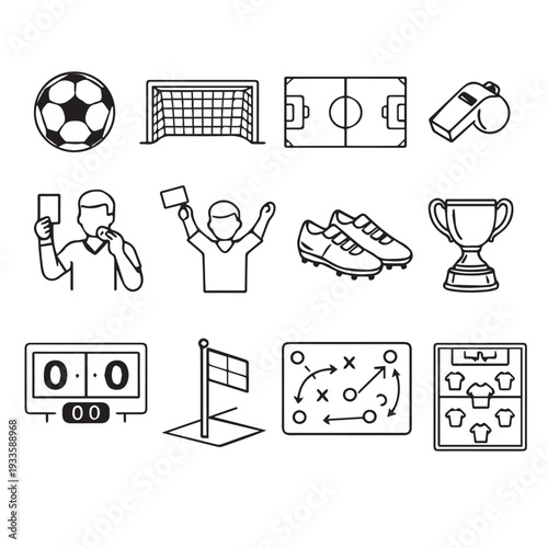 A simple vector set of soccer icons including a ball, goal, referee, strategy board, shoes, and trophy.
