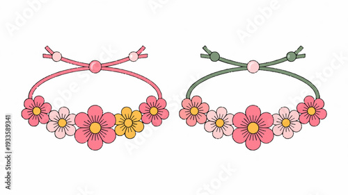Handmade friendship bracelets with pink flowers and adjustable knots on a white background perfect for gift giving or personal accessorizing