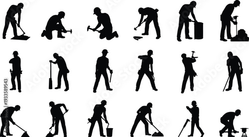Construction worker silhouettes mega set, manual laborers digging hammering drilling carrying tools on building site isolated on white background flat vector illustration