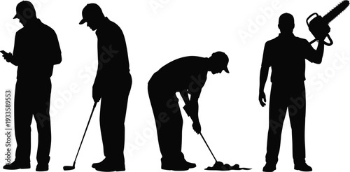 Golf player silhouette set, professional golfer swinging club and using smartphone with chainsaw equipment isolated on white background vector illustration