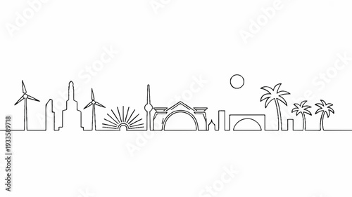Desert city skyline with wind turbines and palm trees in continuous line art style at sunset