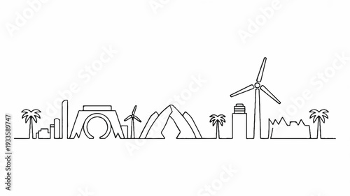 Continuous line desert skyline with wind turbine and palm trees modern cityscape illustration