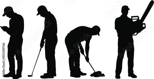 Male golfer silhouette set, golf player putting and checking smartphone with chainsaw equipment isolated on white background vector illustration