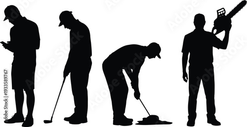 Golfer silhouette collection, male golf player putting and checking smartphone with chainsaw tool isolated on white background vector illustration