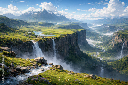 Stunning mountain landscape featuring waterfalls and lush greenery.