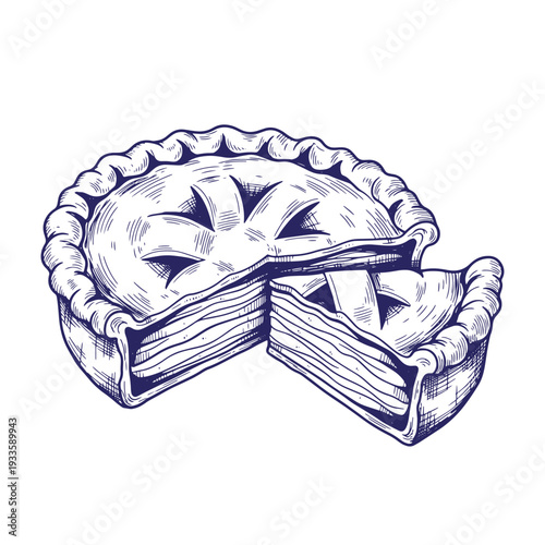 A drawing of a whole pie with one slice cut out on white