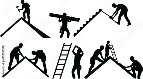 Roofing construction worker silhouette set, builders repairing roof with hammer ladder shingles and tools isolated on white background vector illustration
