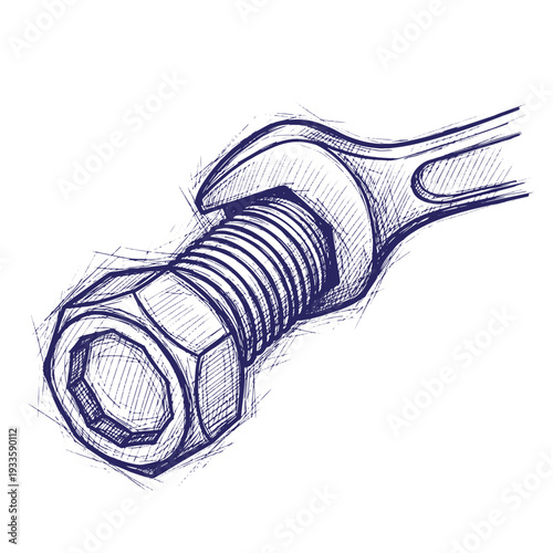 A sketch of a wrench and bolt in a detailed drawing style used for repair and maintenance tasks with tools