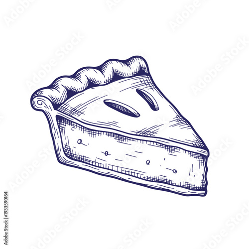 A slice of pie with a crimped crust and two ventilation holes on top isolated on white background
