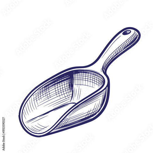 blue illustration of a metal kitchen scoop with handle  isolated on white background