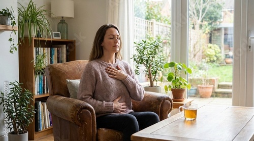 Caucasian woman meditating on sofa in bright living room, hand on chest practicing mindful breathing, calm self care at home, wellness routine for Mental Health Awareness