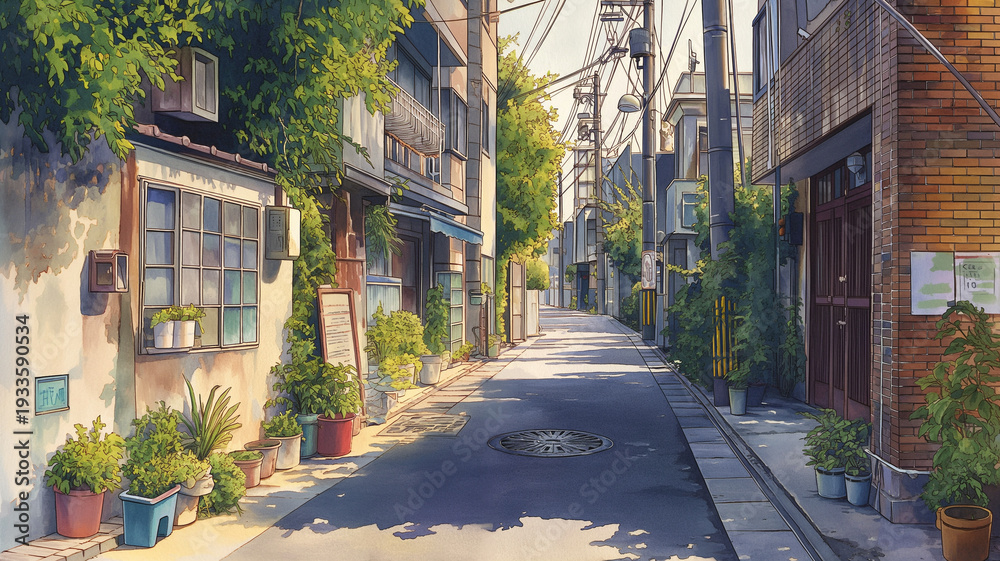 Fototapeta premium 細い通りが続く住宅街の路地裏を描いた水彩風景イラスト、建物と植物が並ぶ生活感ある街並み、昭和レトロ、懐かしい日常、散歩道の空気感を表現、動画制作や広告ビジュアルに使える背景素材