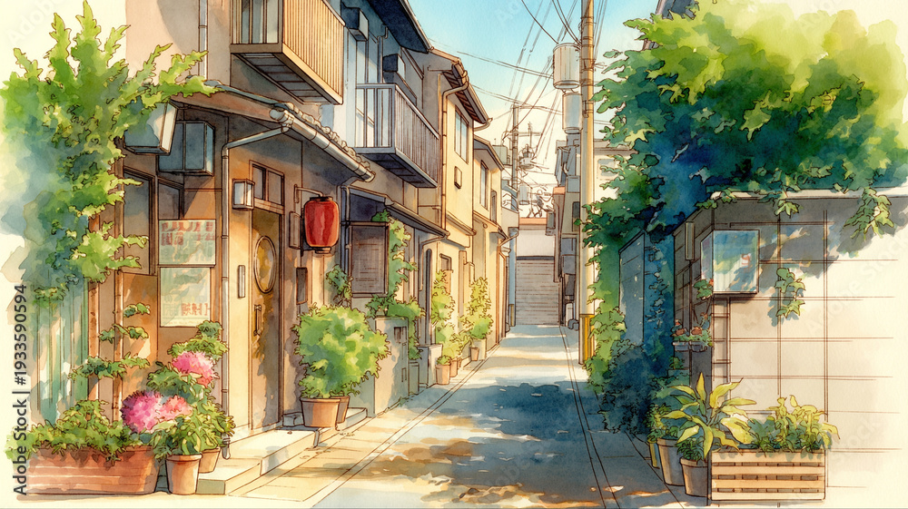 Fototapeta premium 細い通りが続く住宅街の路地裏を描いた水彩風景イラスト、建物と植物が並ぶ生活感ある街並み、昭和レトロ、懐かしい日常、散歩道の空気感を表現、動画制作や広告ビジュアルに使える背景素材
