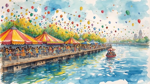 Joyful riverside fair with circus tents and crowds watercolor background