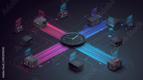 Network Time Synchronization: A vibrant digital illustration showcases interconnected technology components and a central clock.