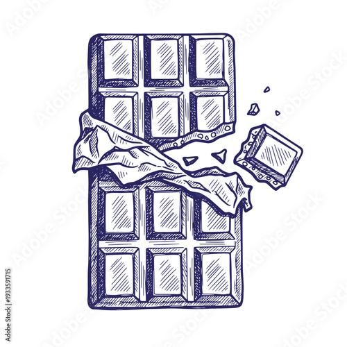 Hand drawn chocolate bar with wrapper and broken piece on white